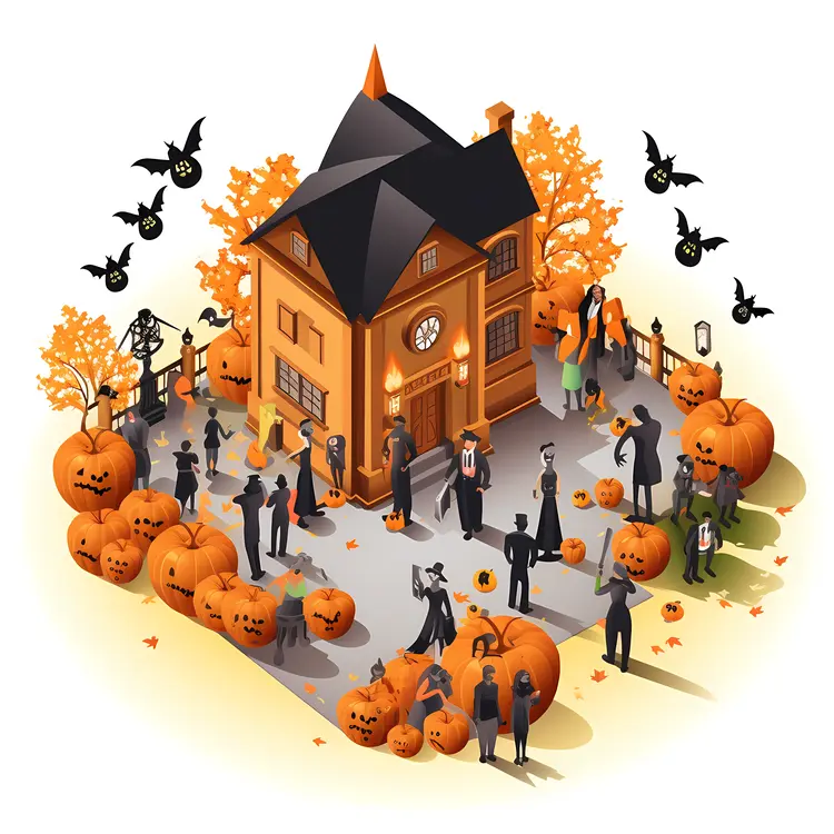 Halloween House with Pumpkins and People
