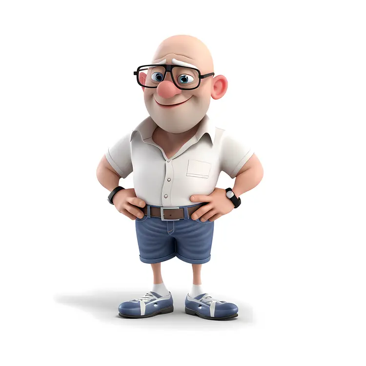 Friendly Cartoon Bald Man in Shorts