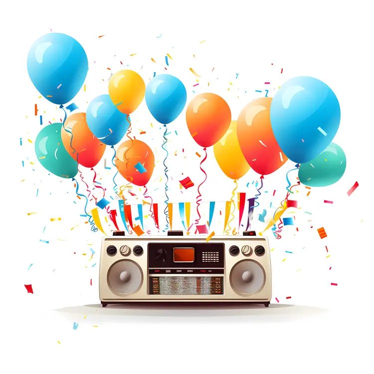 Radio with Colorful Balloons and Confetti