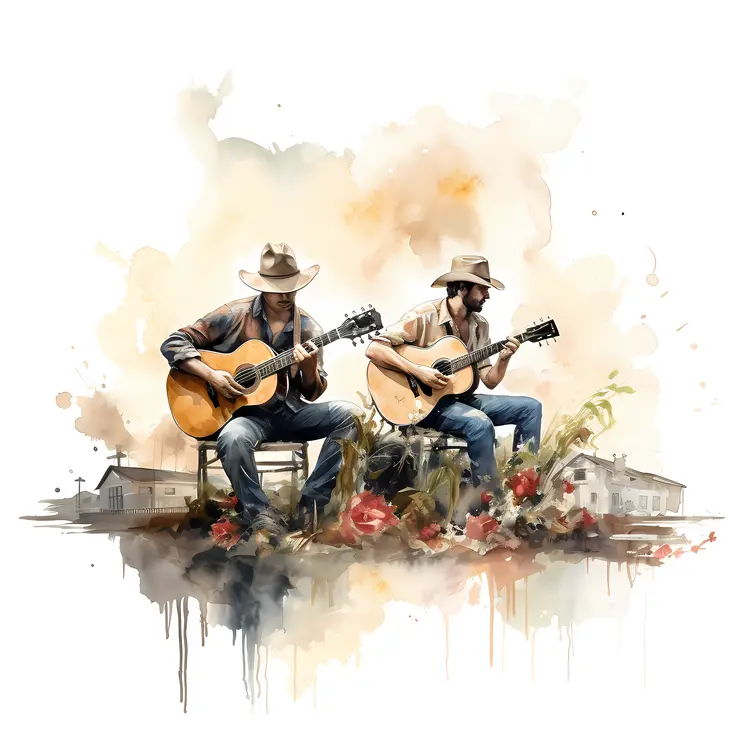 Two Men Playing Guitars with Hats