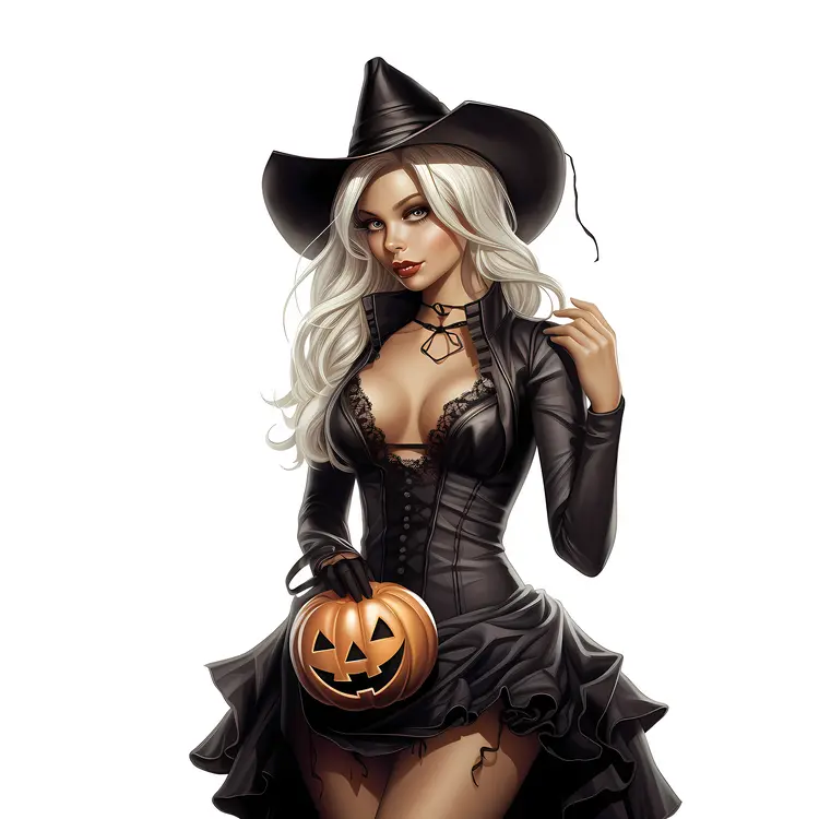 Blonde Halloween Witch with Pumpkin