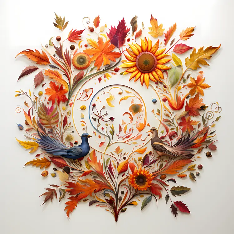 Birds and Flowers with Autumn Leaves