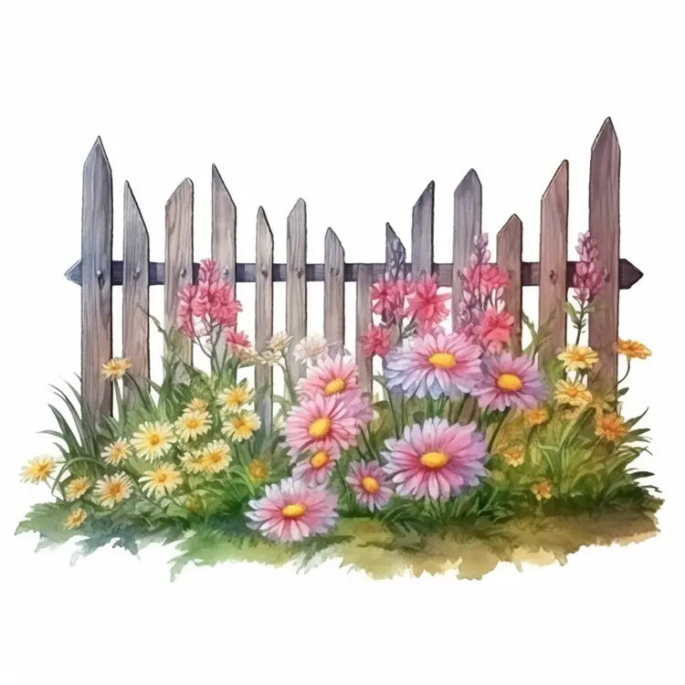 Pink and Yellow Flowers by a Wooden Fence
