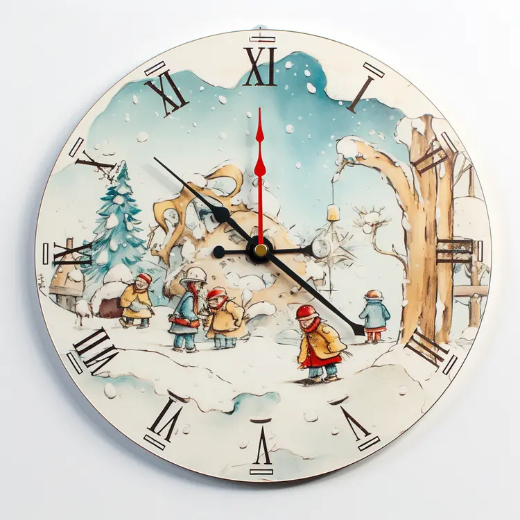 Winter Clock with Children Playing in Snow