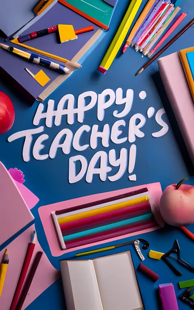 Happy Teacher's Day Greeting with Notebook and Pencils