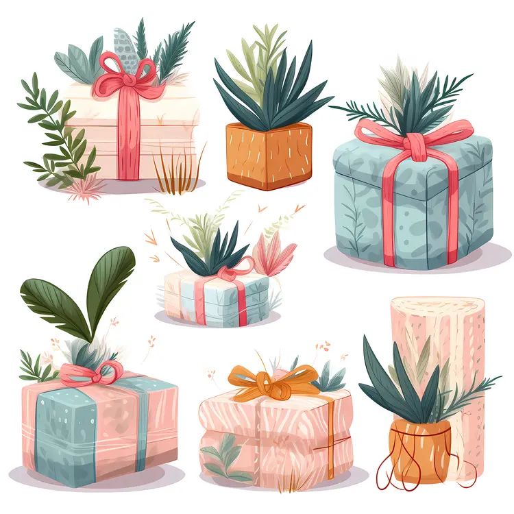 Decorative Gift Boxes with Plants and Ribbons