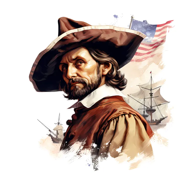 Explorer with Sailing Ships and Flag