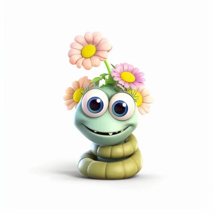Cute Cartoon Worm with Flowers