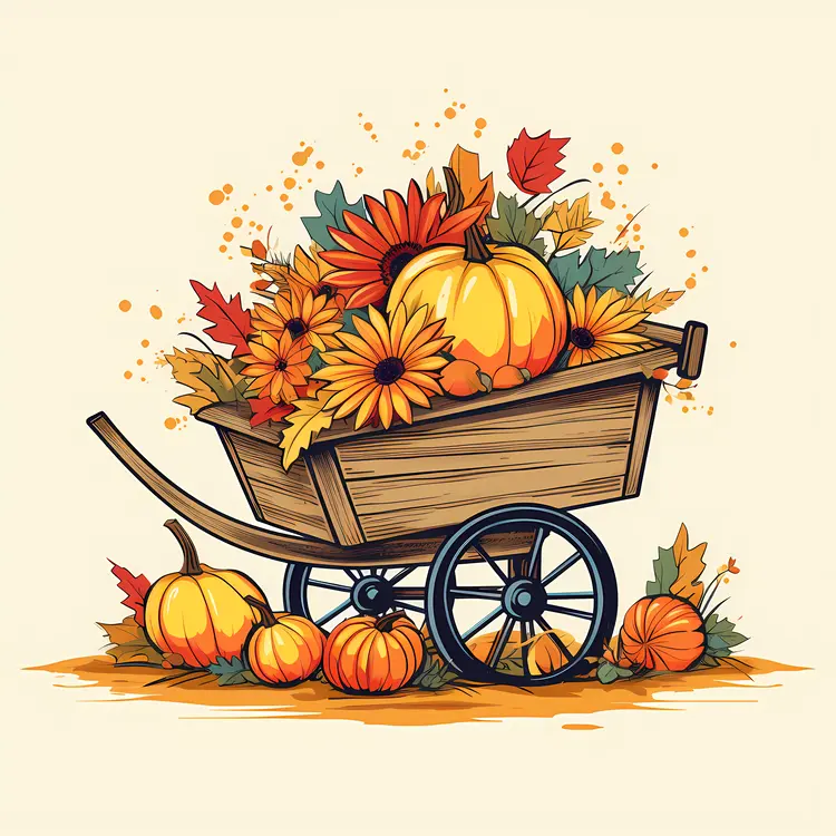 Wooden Cart with Pumpkins and Flowers for Thanksgiving