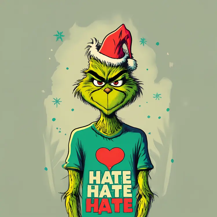 Grinch in Santa Hat with Heart and Hate Shirt