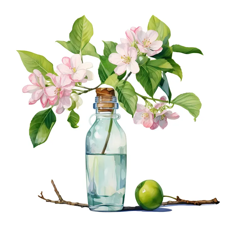 Pink Flowers in Glass Bottle with Green Apple