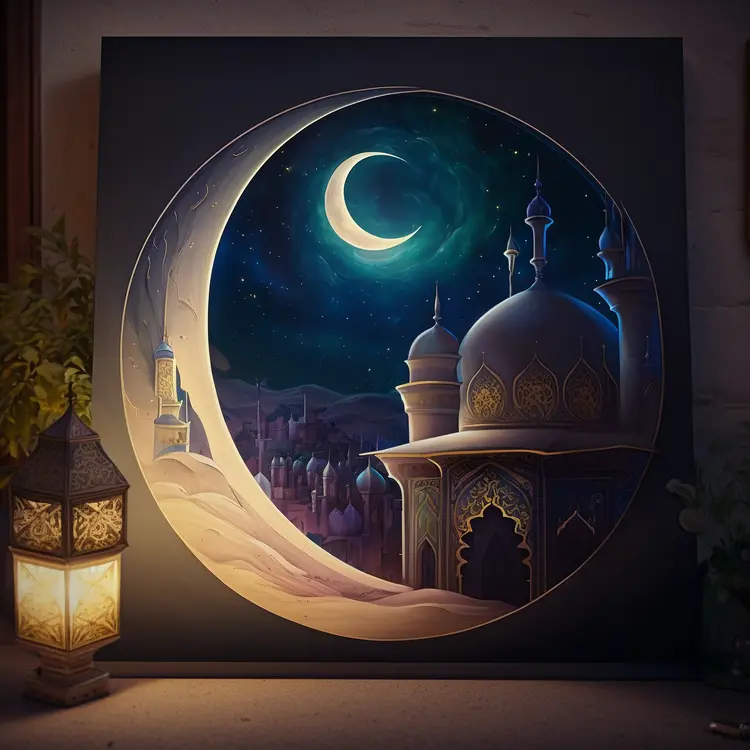Crescent Moon and Mosque Painting for Ramadan