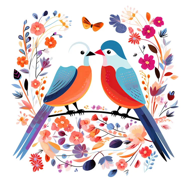 Colorful Birds and Flowers Illustration for Valentine's Day