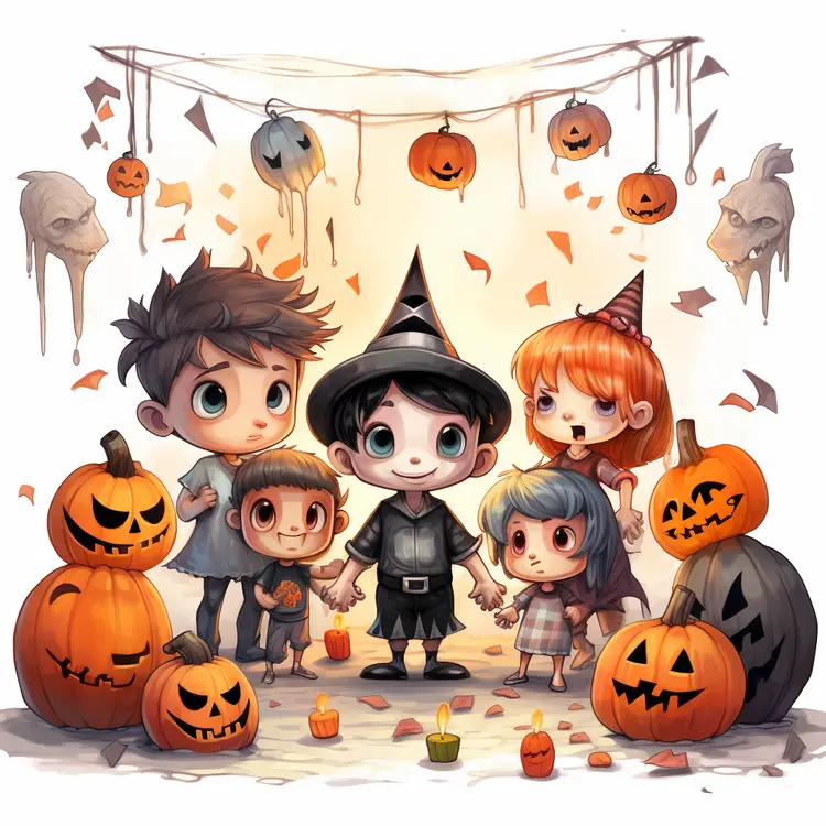 Cute Children in Halloween Costumes with Pumpkins