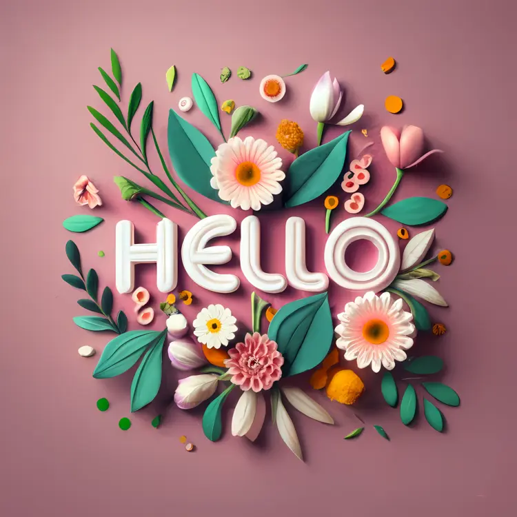 Hello with Pink Flowers and Green Leaves