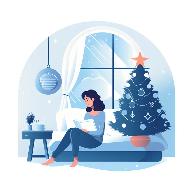 Woman Reading by Christmas Tree