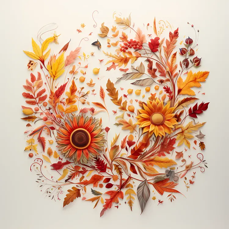 Autumn Flowers and Leaves in a Circular Arrangement
