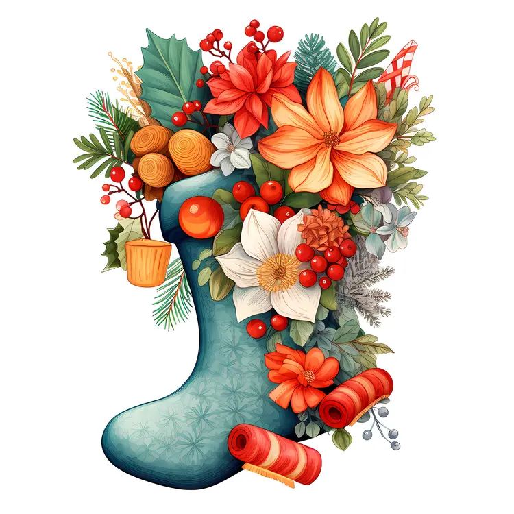 Christmas Stocking Overflowing with Flowers and Berries