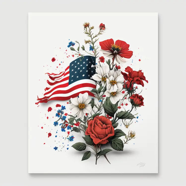 American Flag with Patriotic Flowers