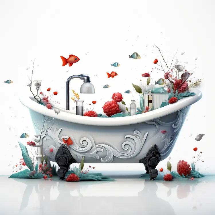 Decorative Bathtub with Fish and Plants
