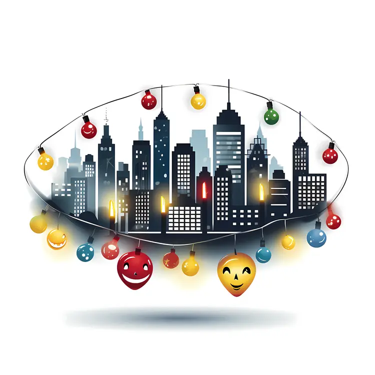 Cityscape with Christmas Ornaments and Lights