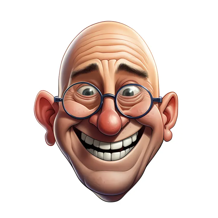 3D Cartoon Bald Man with Glasses Smiling