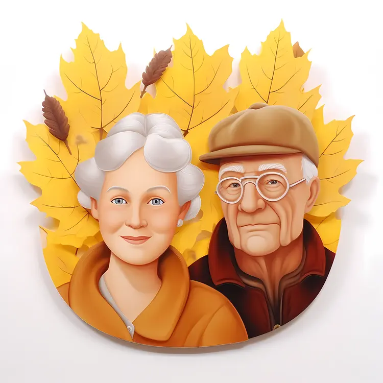 Elderly Couple Portrait with Autumn Leaves