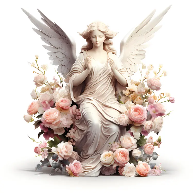 White Angel Statue with Pink and White Flowers