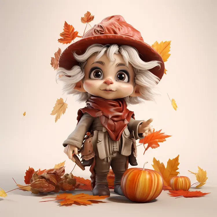 Cartoon Child with Pumpkin and Autumn Leaves Illustration