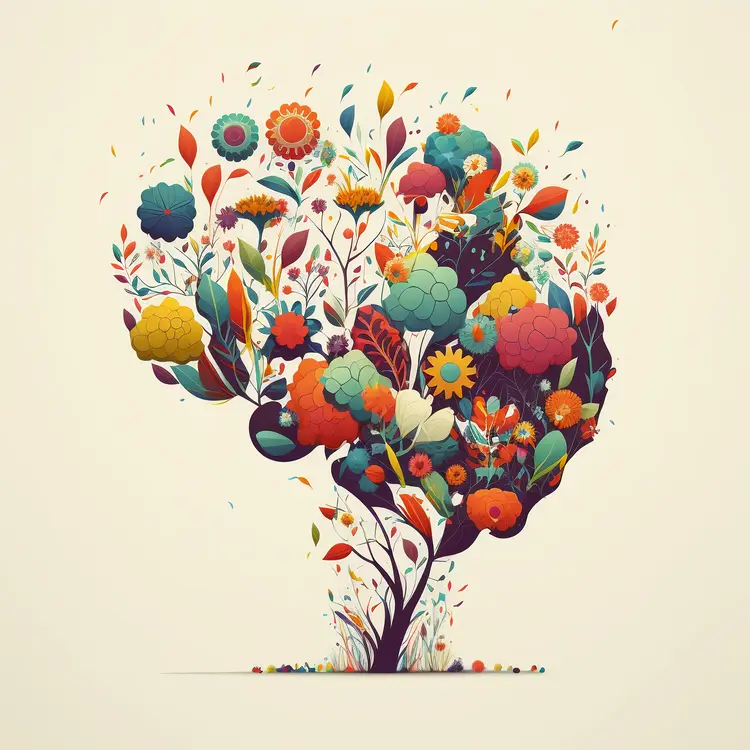 Colorful Tree with Flowers and Leaves Illustration
