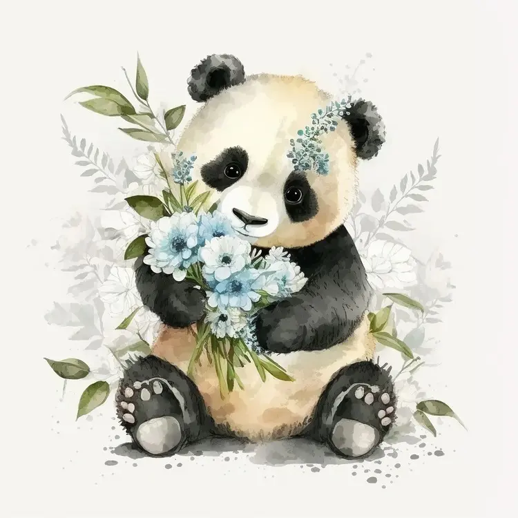 Cute Panda Holding Flowers Illustration