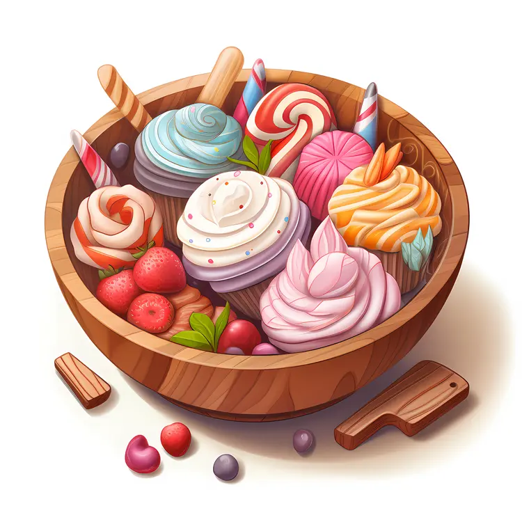 Colorful Desserts in Wooden Bowl