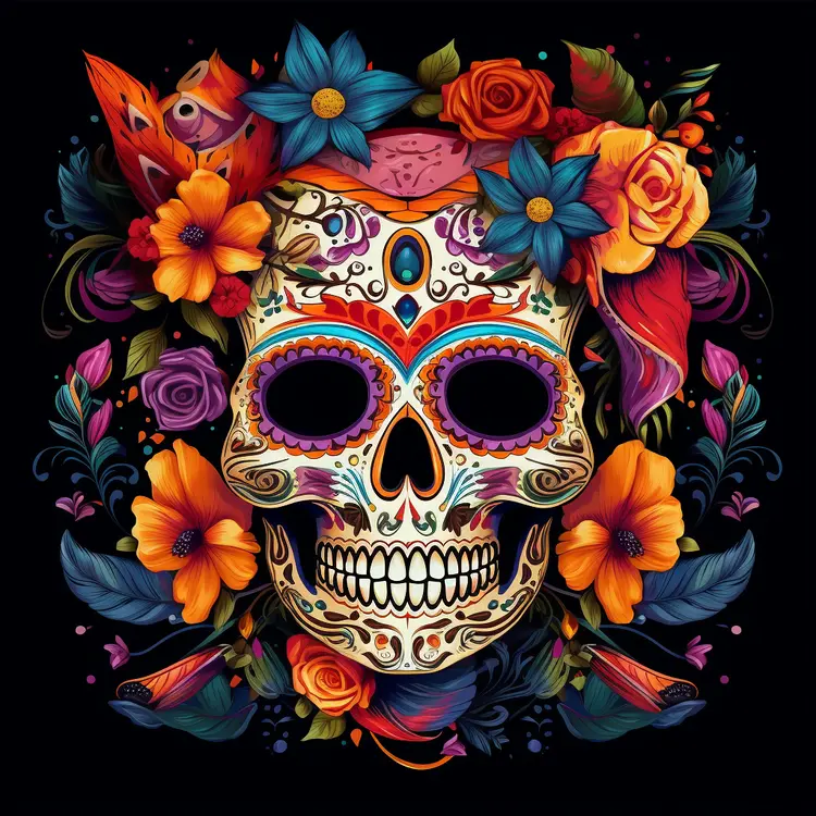 Colorful Skull with Floral Decorations for Day of the Dead