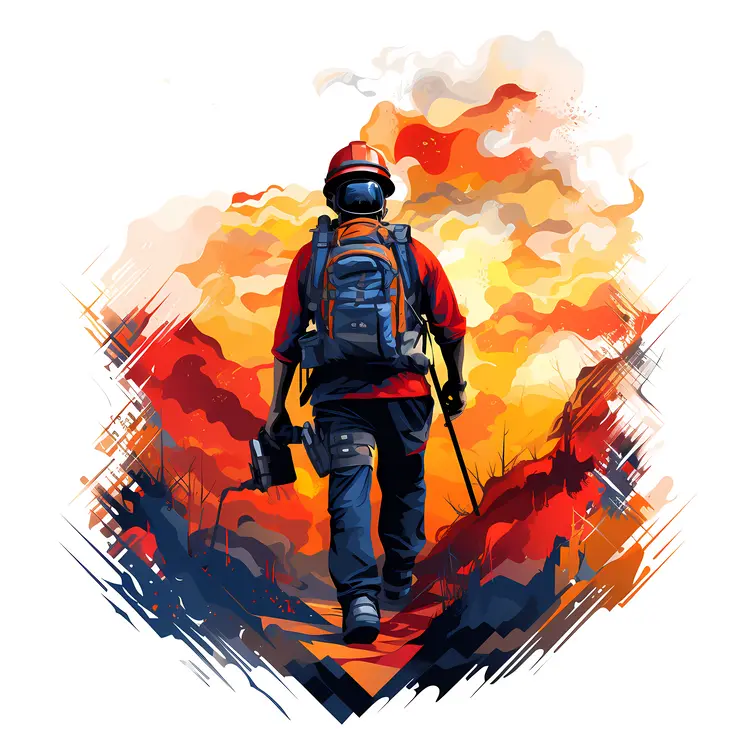 Firefighter Walking Towards Forest Fire