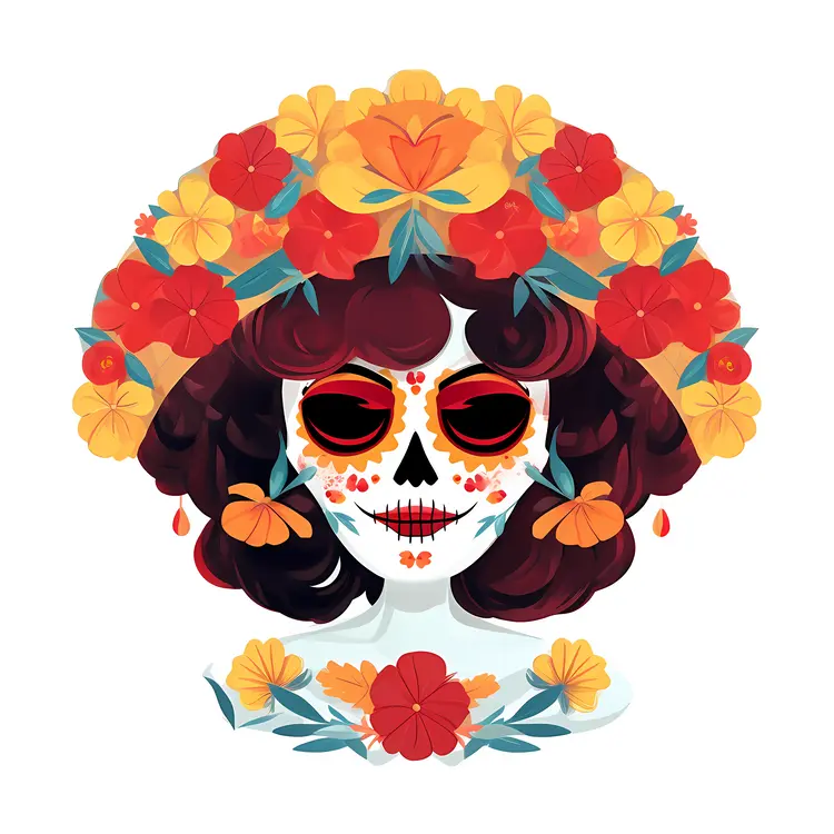 Colorful Sugar Skull with Floral Headpiece for Day of the Dead Celebration