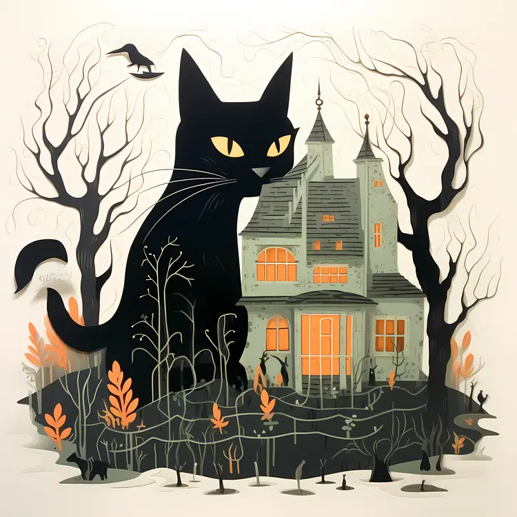 Black cat with a haunted house