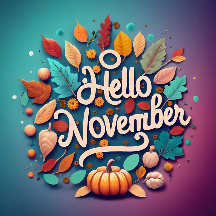 Hello November with Autumn Leaves and Pumpkin