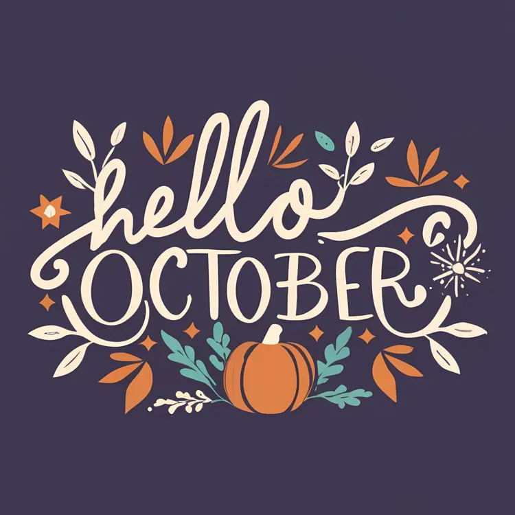 Hello October Text with Pumpkin and Leaves