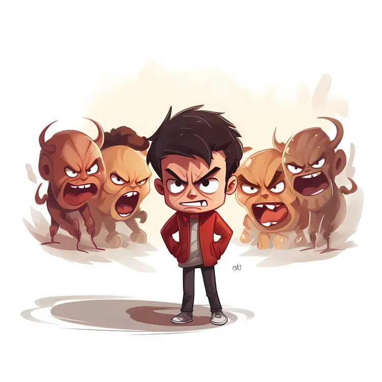 Angry boy surrounded by monsters
