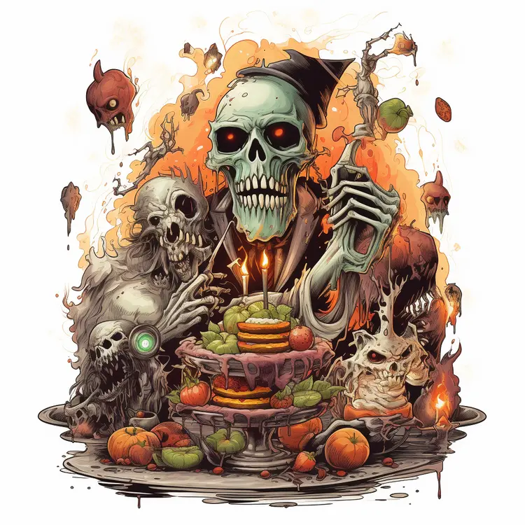 Skeletons Celebrating with Cake for Halloween