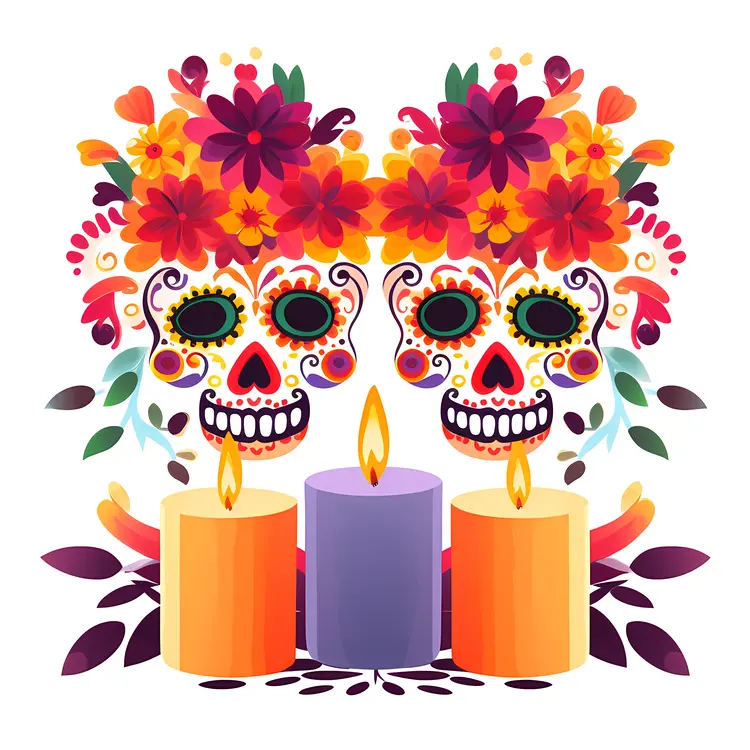 Colorful Sugar Skulls with Candles and Flowers for Day of the Dead Celebration