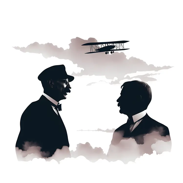 Silhouettes of Two Men with Biplane in the Sky