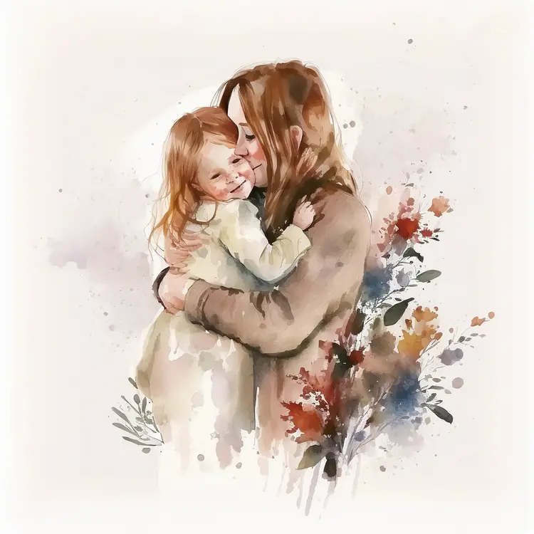 Watercolor Painting of Mother and Child Hugging