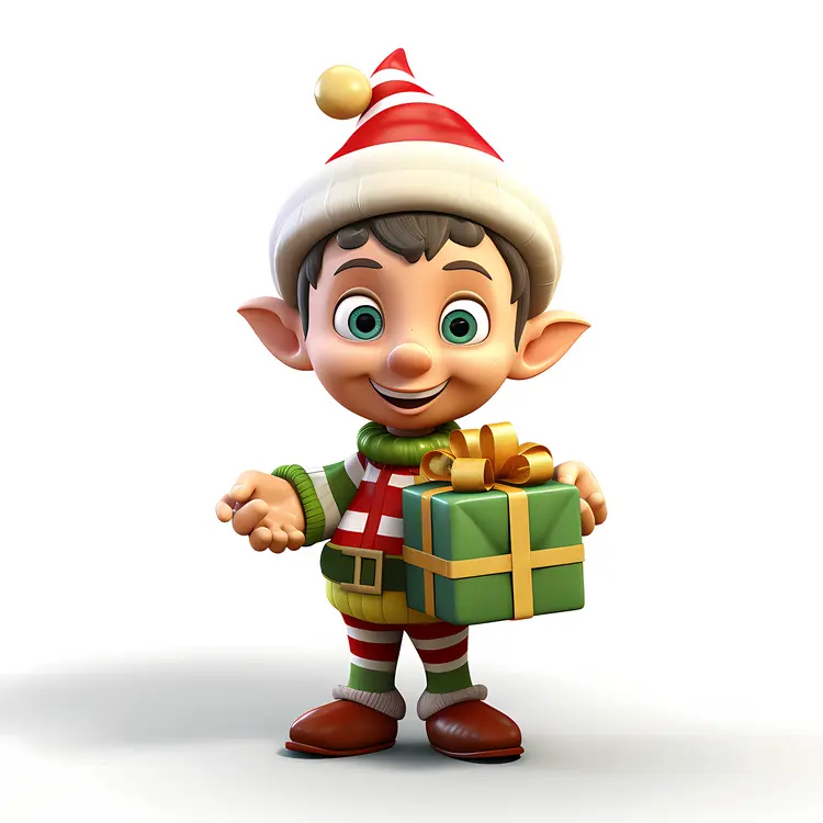 Joyful Elf with Gift in Red and Green Outfit