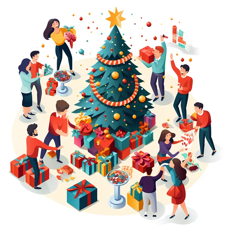 People Decorating Christmas Tree with Gifts and Ornaments