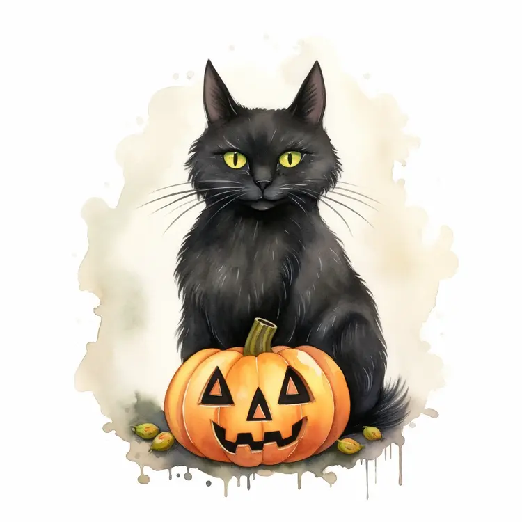 Black Cat with Halloween Pumpkin Illustration