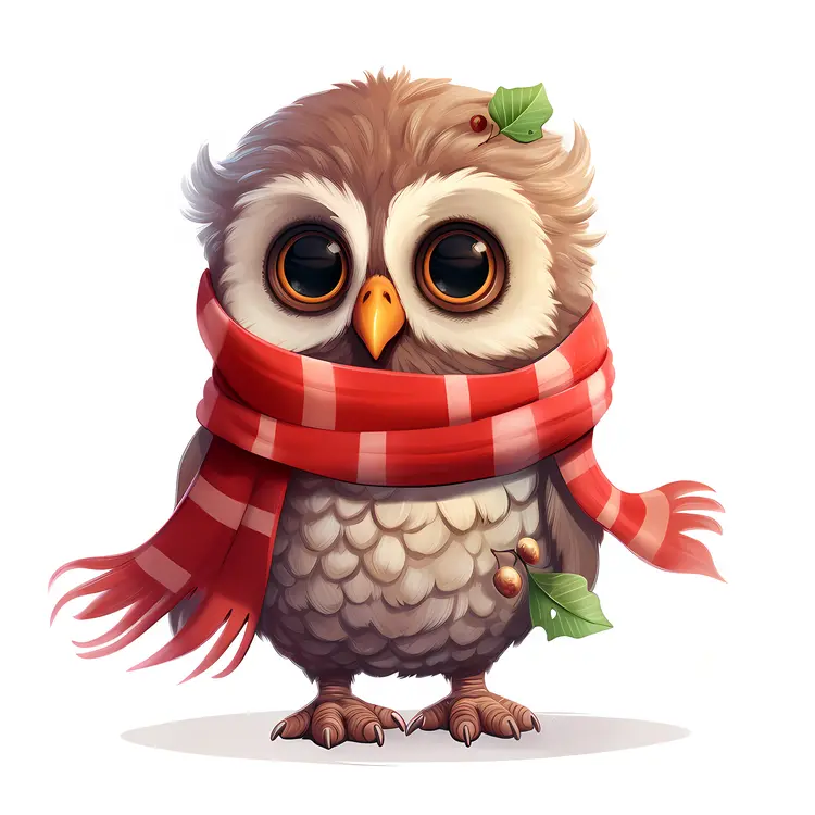 Endearing Owl with Red and White Scarf and Leaves