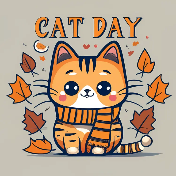 Cute Cat with Scarf and Leaves on Cat Day