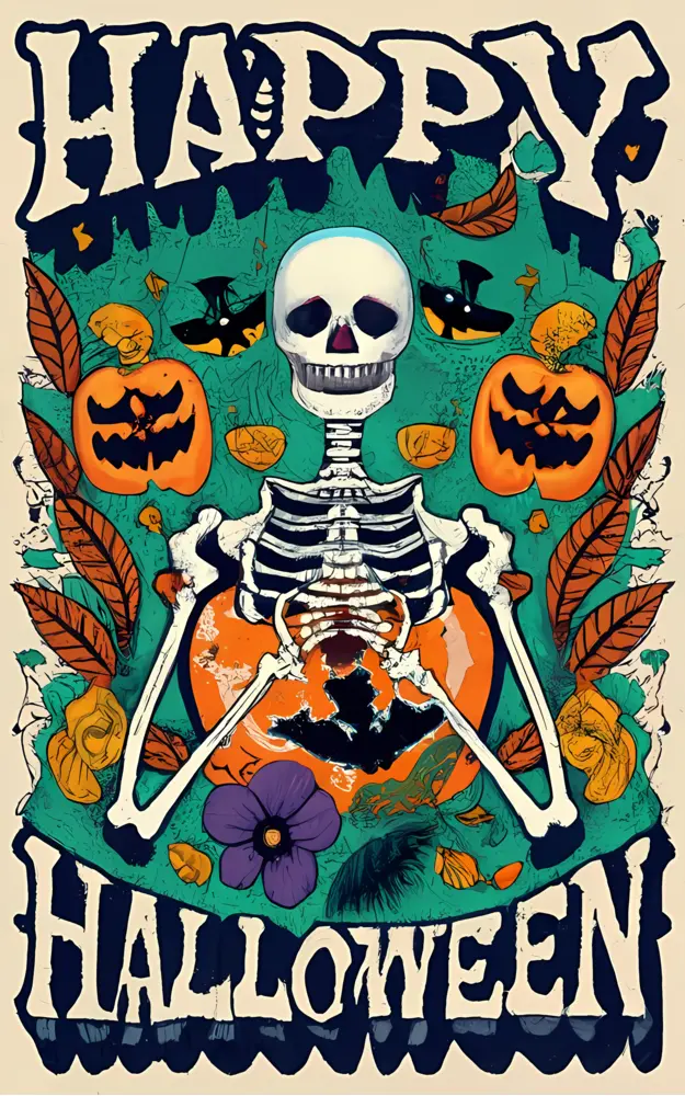 Happy Halloween Skeleton with Pumpkins and Bats
