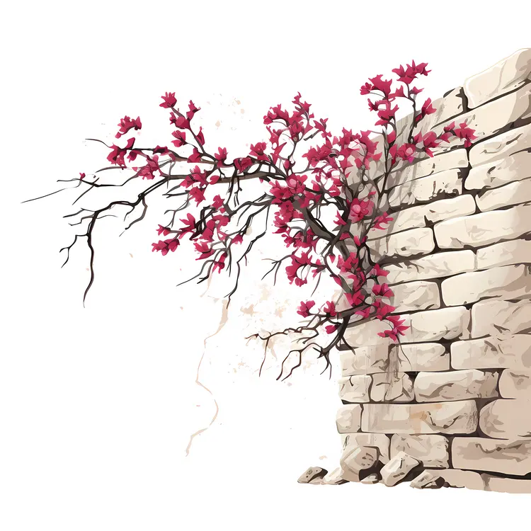 Pink Flowers Climbing Stone Wall
